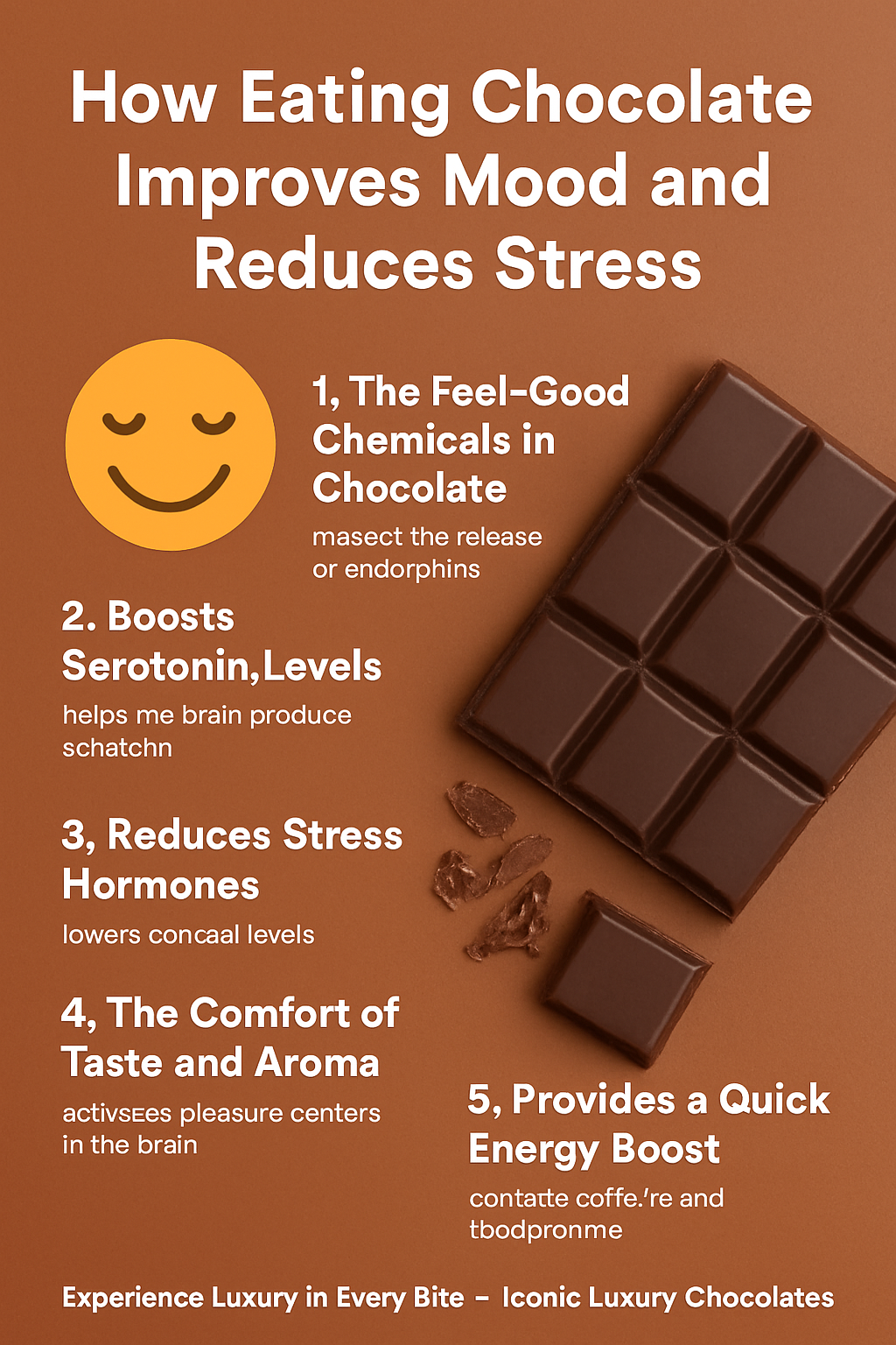 Infographic titled "How Eating Chocolate Improves Mood and Reduces Stress" featuring a smiling emoji and a dark chocolate bar, with five benefits of chocolate listed, ending with the tagline “Experience Luxury in Every Bite – Iconic Luxury Chocolates.
