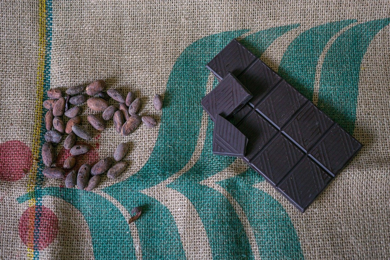 Cocoa beans and dark chocolate bar on a textured fabric background