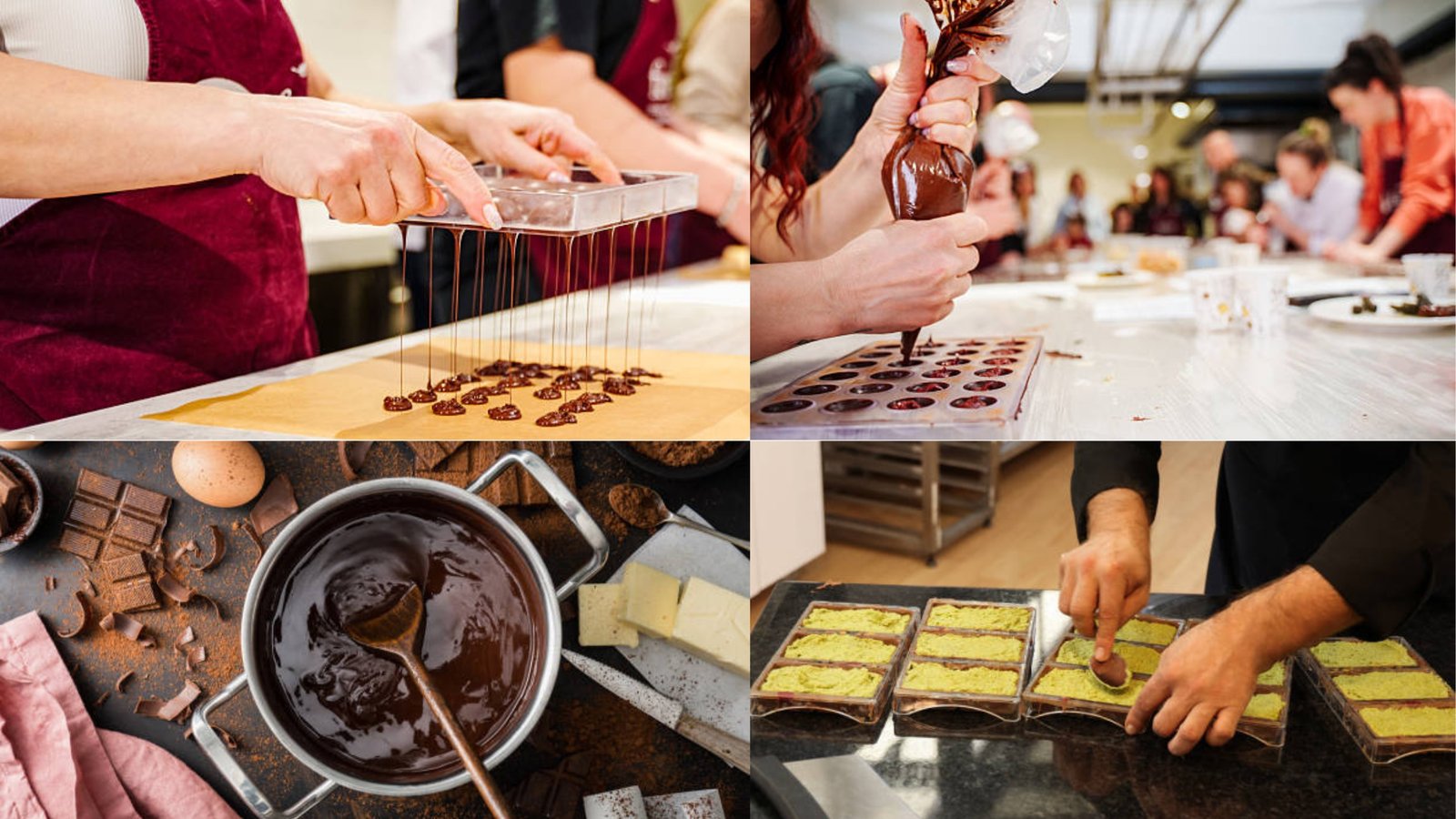 Chocolate making tools and process – melting, molding, decorating, and crafting chocolates in a professional kitchen.