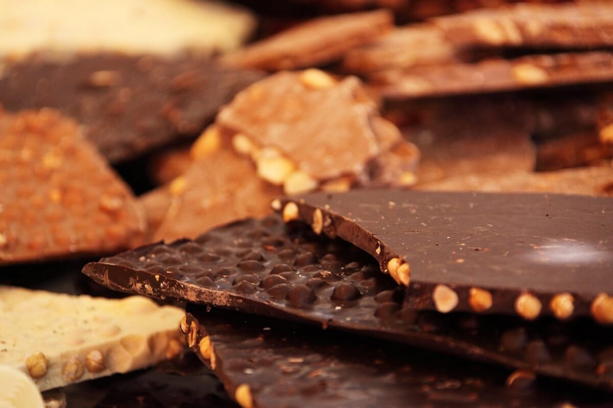 Assorted dark, milk, white, and nut-studded chocolate bars illustrating the variety of chocolate colors and types.